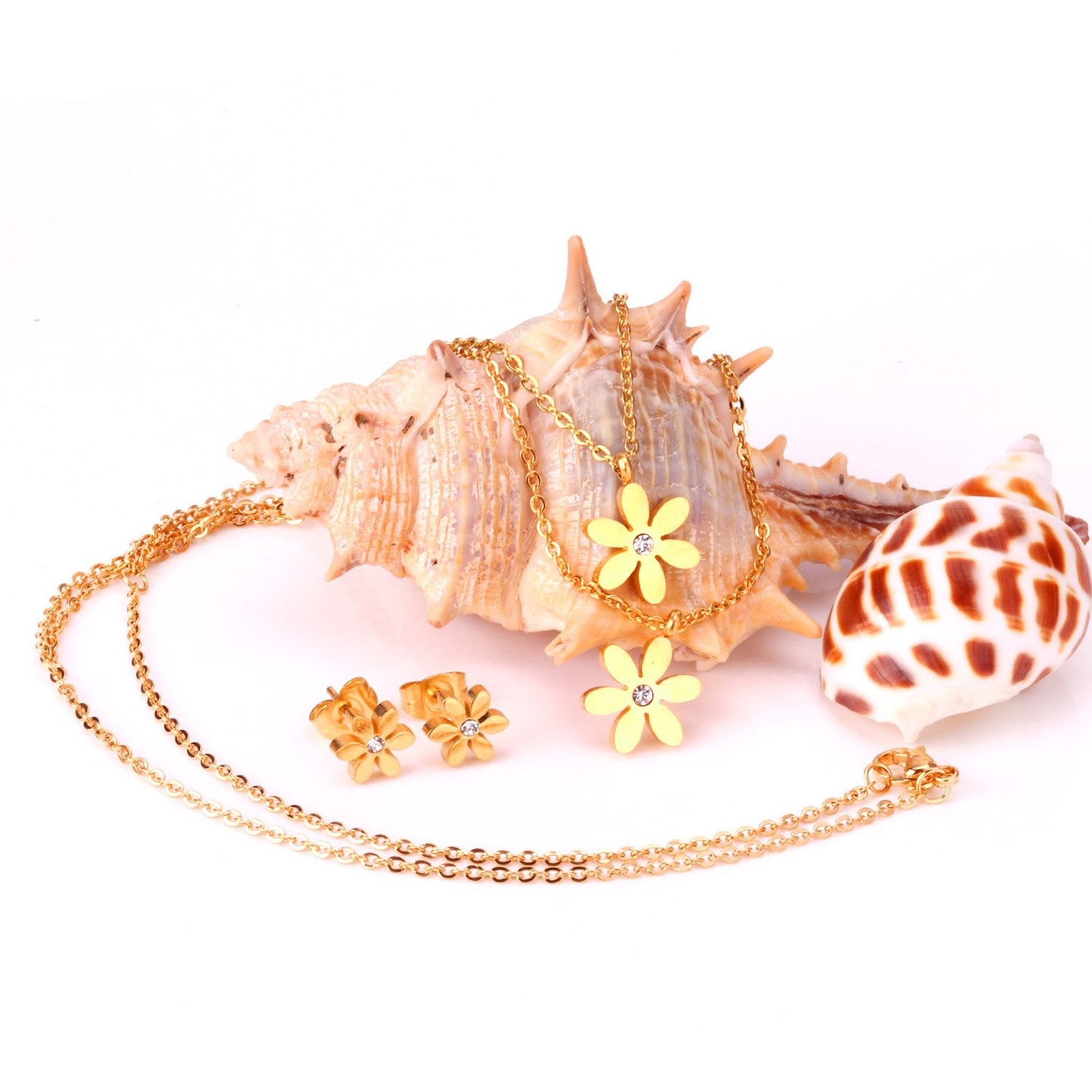 New Gold Flower Shape Stainless Steel Double Necklaces Earrings Sets For Female Trendy Jewellry Sets bijoux femme
