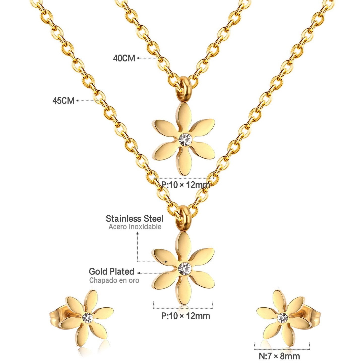 New Gold Flower Shape Stainless Steel Double Necklaces Earrings Sets For Female Trendy Jewellry Sets bijoux femme