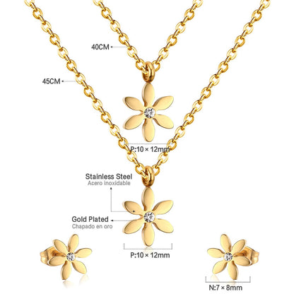 New Gold Flower Shape Stainless Steel Double Necklaces Earrings Sets For Female Trendy Jewellry Sets bijoux femme