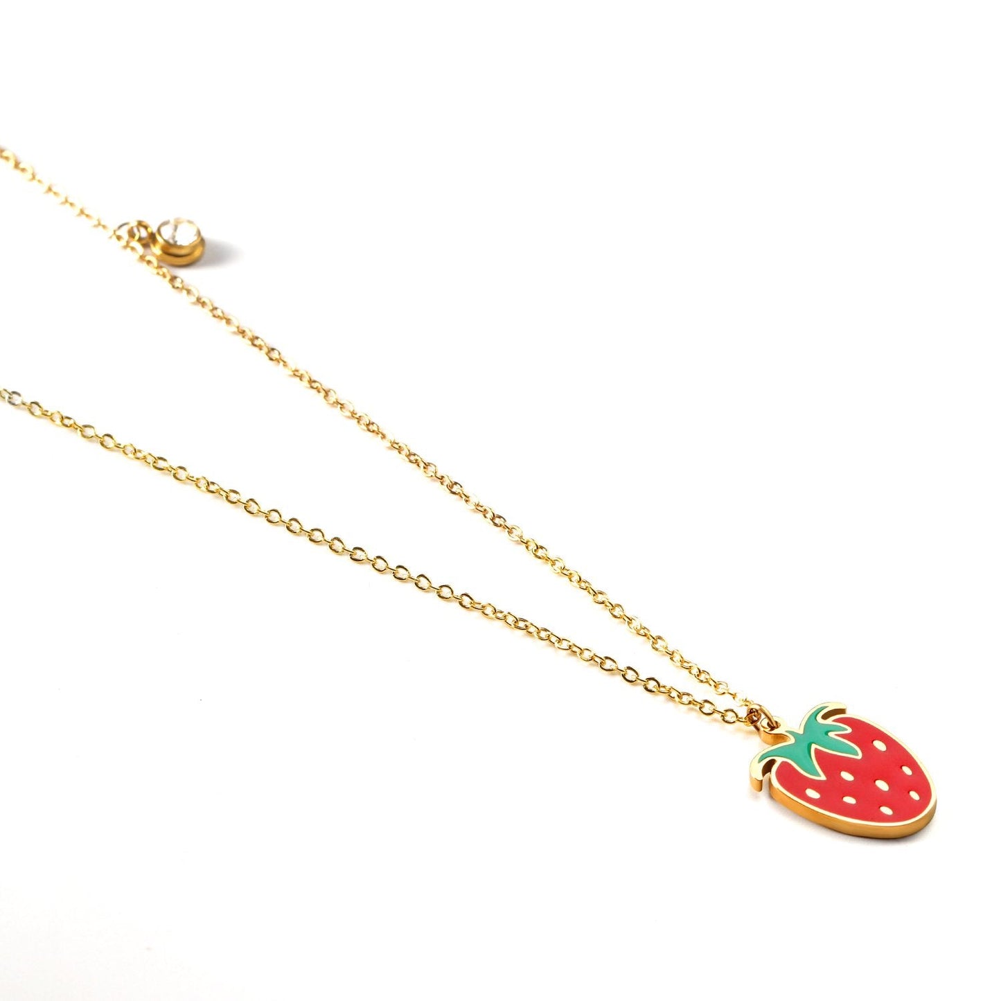 Enamel Girls Kids Jewelry Cute Crystal Strawberry Pendant Necklace for Women Stainless Steel Waterproof Sweet Choker Birthday Gifts