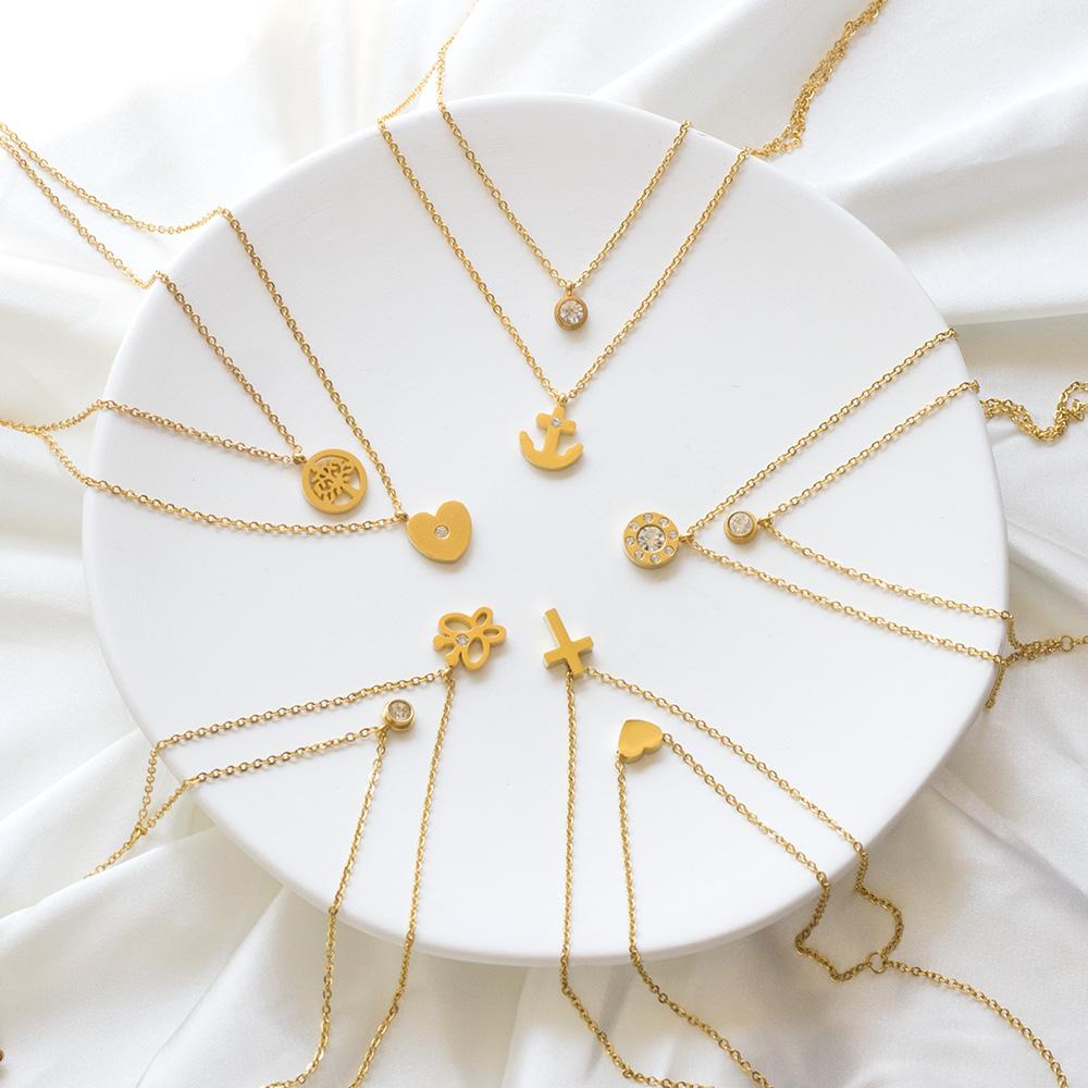 Double Layer Chain Pendants Necklaces For Women Girls Gold Color Silver Tone Stainless Steel CZ Crystal Round Choker