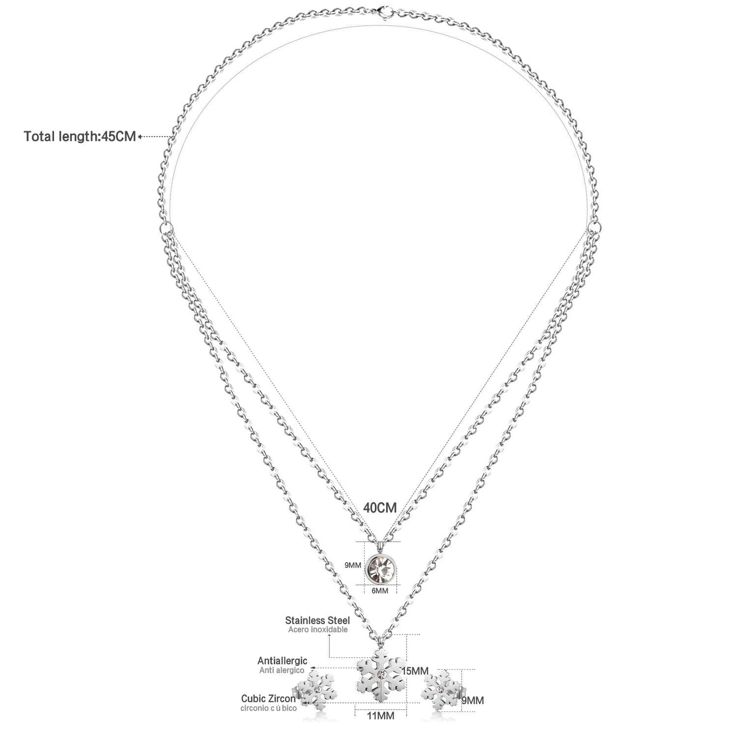 ASON Snowflake Cubic Zirconia Pendants Multilayer Necklace Earrings Jewelry Sets Gold Color Stainless Steel Women Christmas