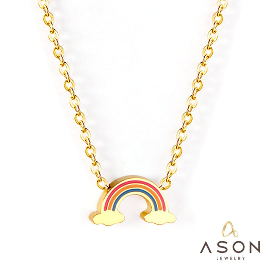 ASON Rainbow Charm Pendant Chain Necklace Gold Color Stainless Steel Necklace for Women Girl Lovely Gift Jewelry Chokers