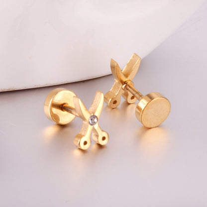 ASON Gold Color AAA CZ Scissors Screw Piercing Stud Earring Set for Women Cool Jewelry Stainless Steel Crystal Earring