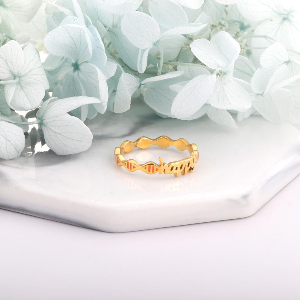 ASON Gold Color Trendy Stainless Steel HAPPY Letter Shape Ring For Women Party Gift Fashion Jewelry Accessory Daily Wear