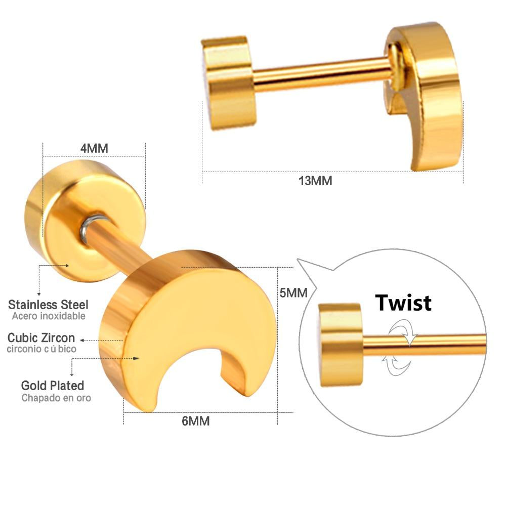 ASON Scurb Star Moon Screw Piercing Stud Earrings Stainless Steel Gold Color for Women Unique Accessories Jewelry Christmas