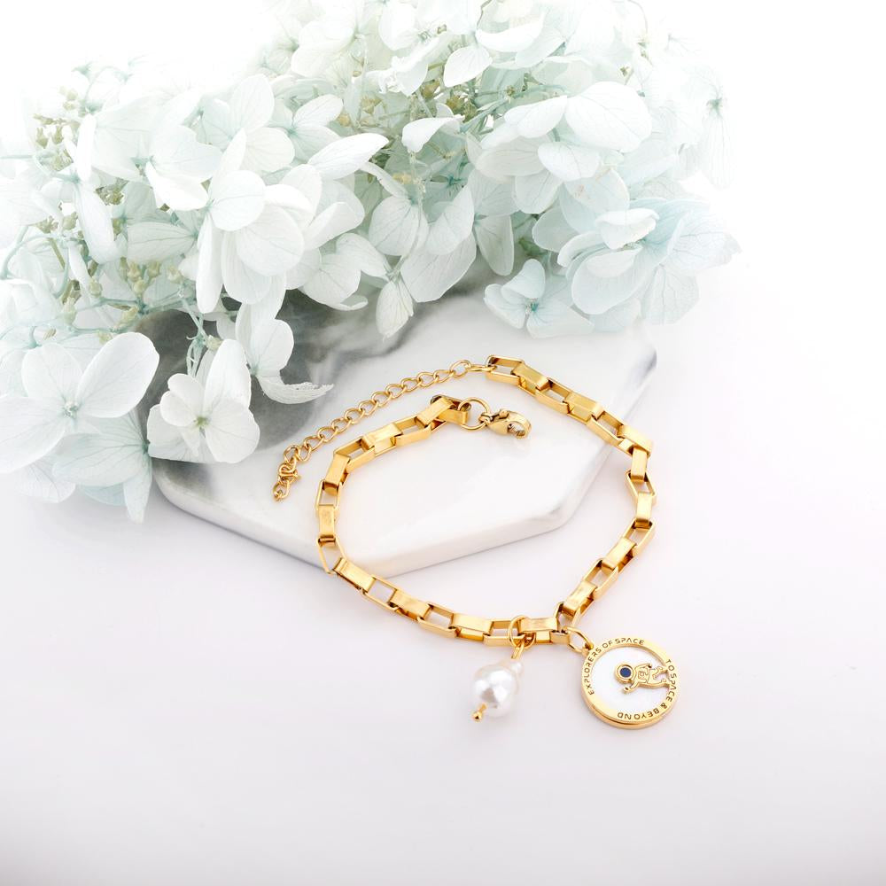 ASON Gold Color Stainless Steel 18+3cm Round Ring Spaceman And Pearl Jewelry Accessory Bracelets For Women Streetwear Daily