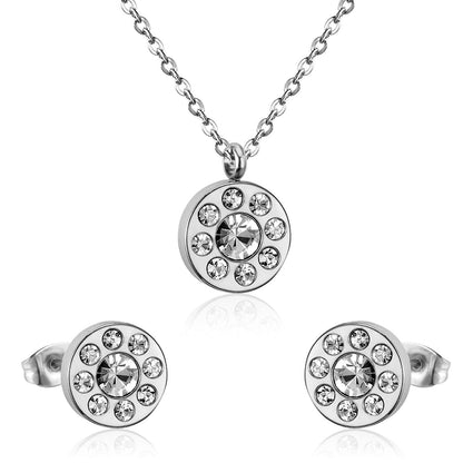 Trendy Round Crystal Pendant Necklace Stainless Steel Necklace Stud Earrings Sets For Ladies Wedding Jewellry Set