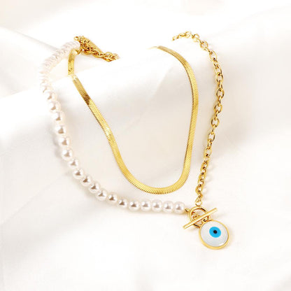 Fashion Shell Evil Eye Pendant Necklace Snake Pearl Double Chain For Women Stainless Steel Turkish Wedding Party Gifts