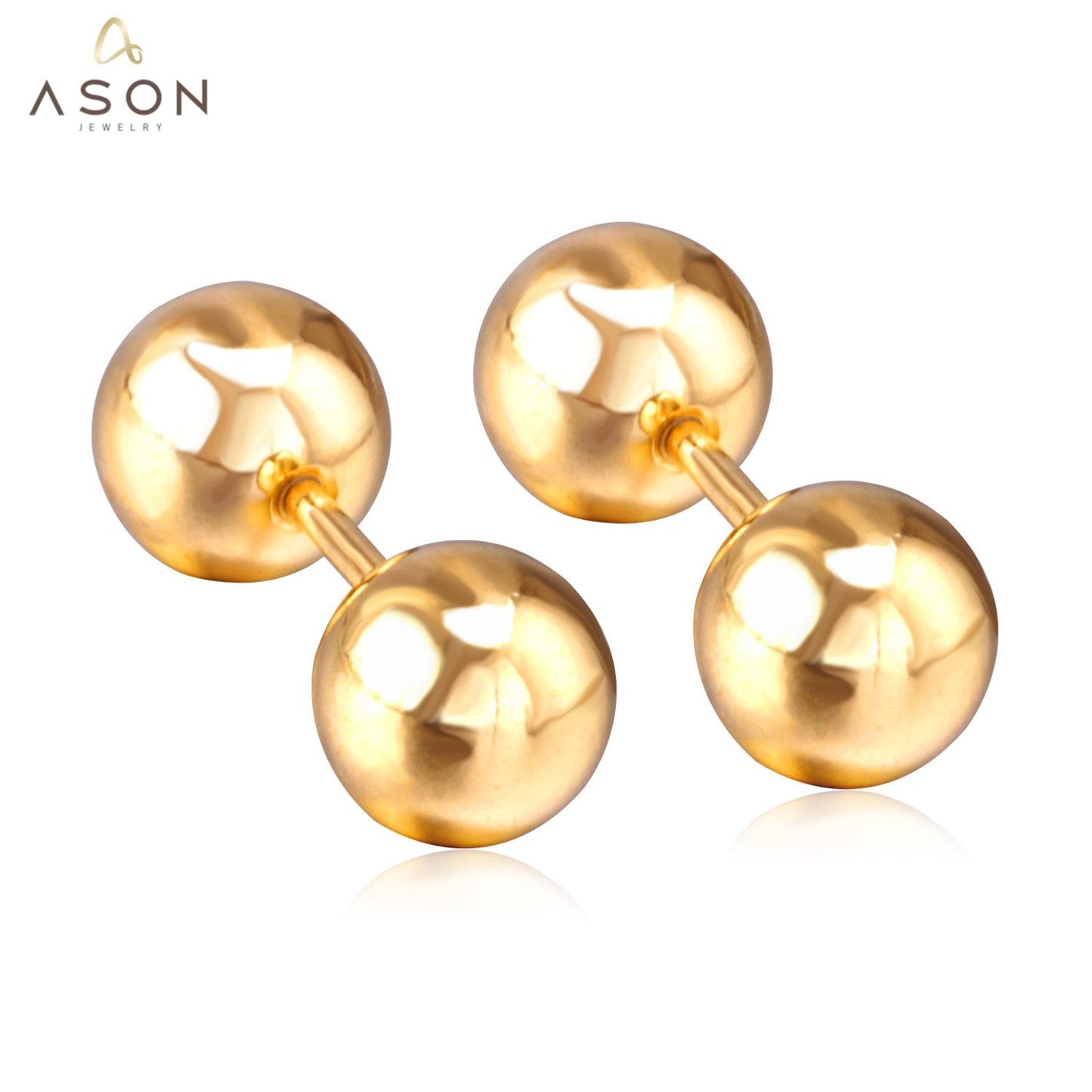 ASON 8mm Size Double Ball Screw Piercing Stud Earrings Gold Color Stainless Steel Women Men Anti-allergy Fashion Jewelry