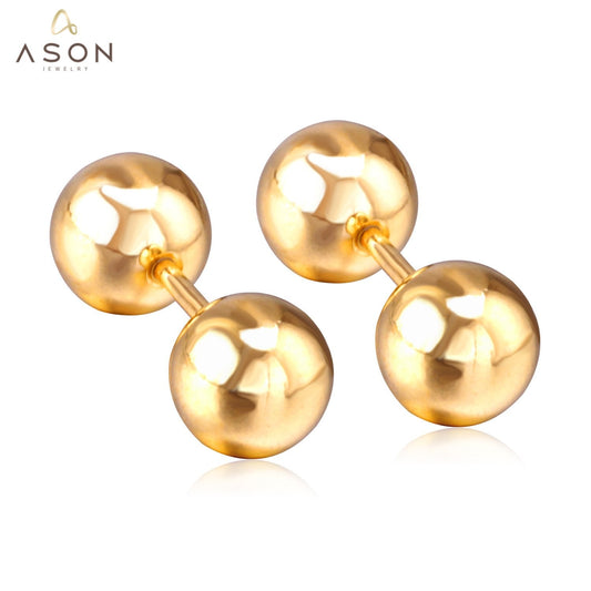 ASON 8mm Size Double Ball Screw Piercing Stud Earrings Gold Color Stainless Steel Women Men Anti-allergy Fashion Jewelry