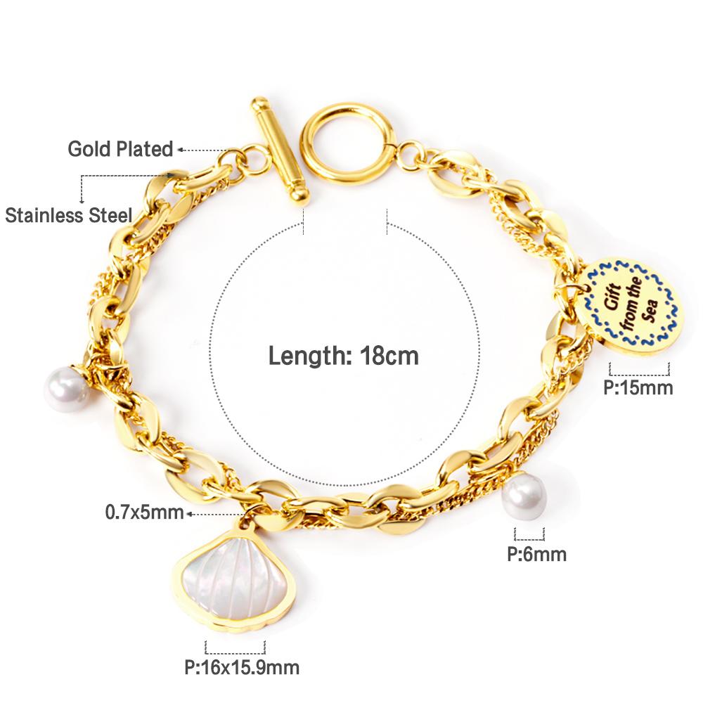ASON Trendy Shell Pendant Pearl Charm Bracelet Stainless Steel Multi-layer Bangle for Women 18cm Fashion Jewelry Gift
