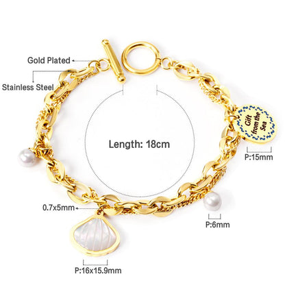 ASON Trendy Shell Pendant Pearl Charm Bracelet Stainless Steel Multi-layer Bangle for Women 18cm Fashion Jewelry Gift