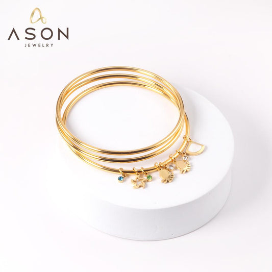 ASON 3pcs/Set Hollow Star Shell Charm Bracelets 60mm Gold Color Stainless Steel Bangles for Women Fashion Jewelry Accessory