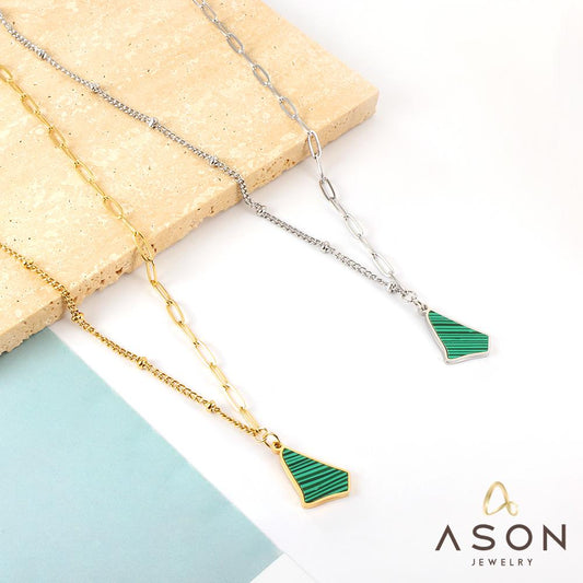 ASON Trendy Irregular Triangle Green Shell Accessory Charm Pendant Necklace Gold Color Stainless Steel For Women Chokers