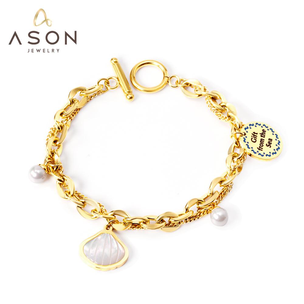 ASON Trendy Shell Pendant Pearl Charm Bracelet Stainless Steel Multi-layer Bangle for Women 18cm Fashion Jewelry Gift