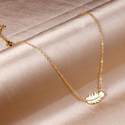 ASON Gold Color Feather Pendant Necklace with Rhinestone Stainless Steel Chain for Women Jewelry Gift Accessory Chokers