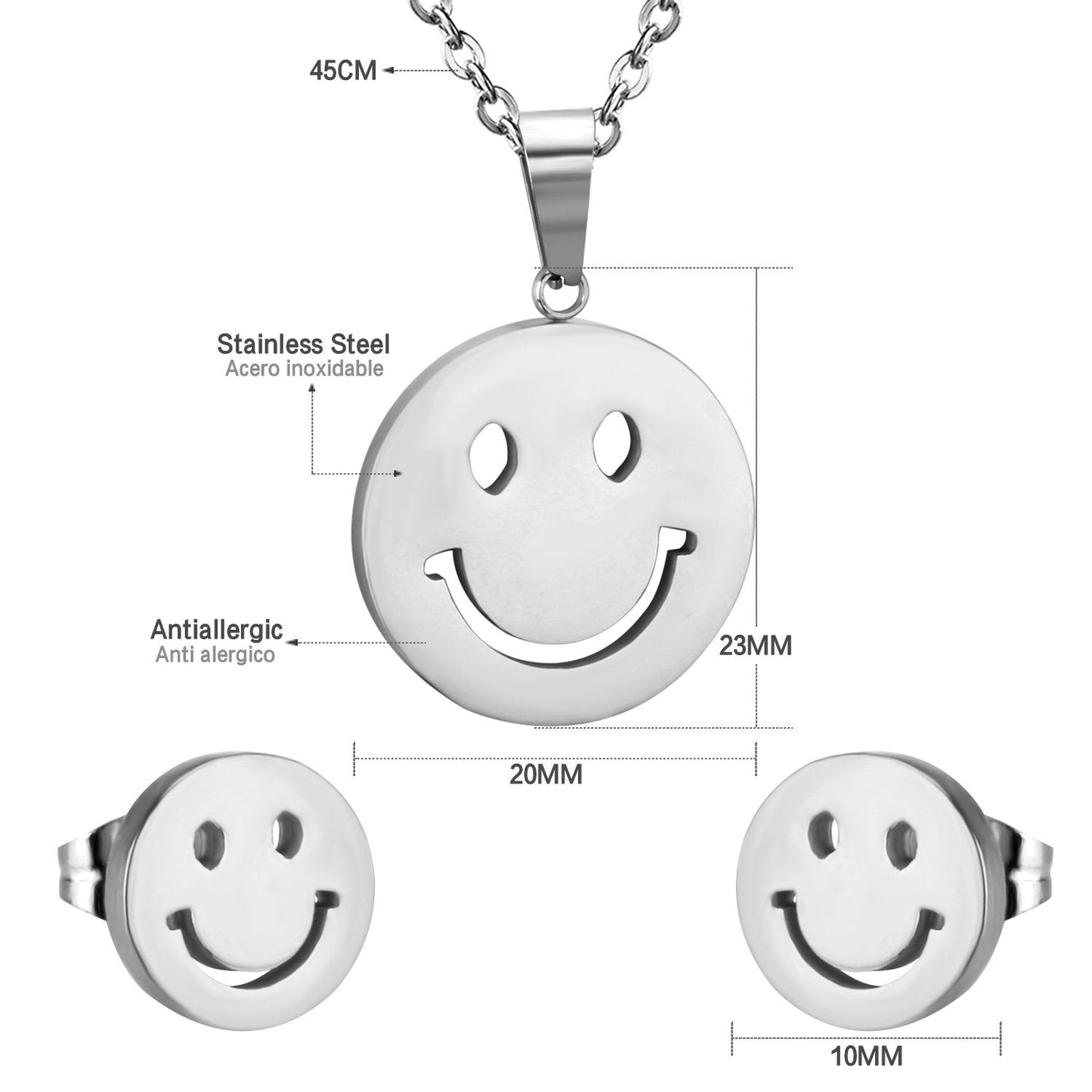 ASON Smile Face Jewelry Set Stainless Steel Pendant Necklace Small Piercing Stud Earrings Gold Color Fashion Party Gift