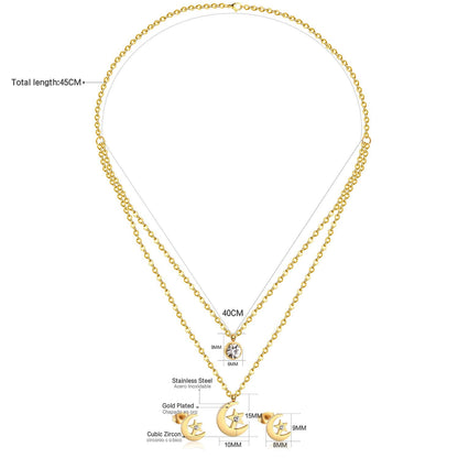 Stainless Steel Moon Star Double Chain Wedding Bridal Dubai African Jewelry Set Earring Necklace Women Jewelry sets