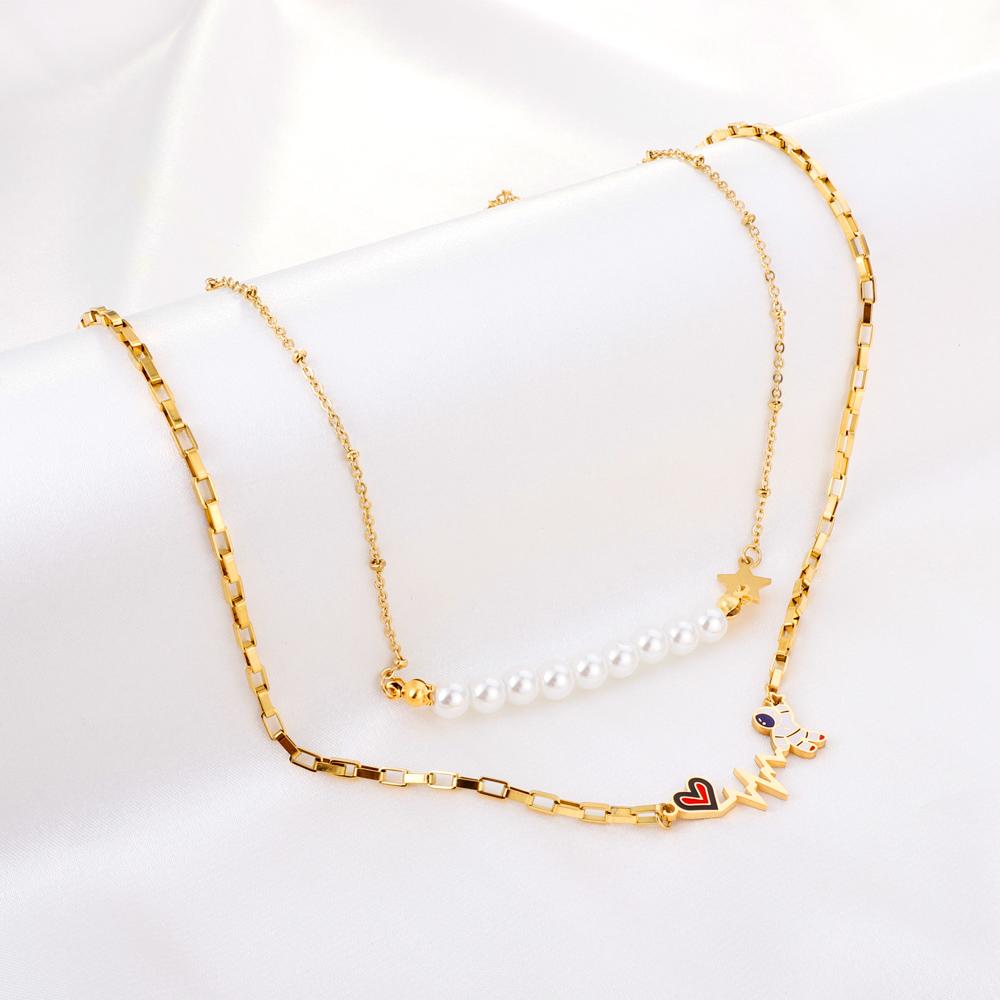 Imitation Pearl Double Layered Necklace With Cute Astronaut Heart Star Charms Box Chian Double Pendant Necklace