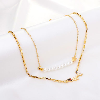 Imitation Pearl Double Layered Necklace With Cute Astronaut Heart Star Charms Box Chian Double Pendant Necklace