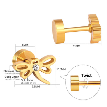 ASON Stainless Steel Dragonfly Cubic Zirconia Screw Stud Earring Classic Style Gold Color Christmas Earring Female Party