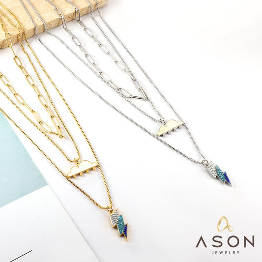 ASON Vintage Lightning And Could Charm Multi-layer Chain Pendant Necklace Gold Color Stainless Steel For Women Jewelry Gift