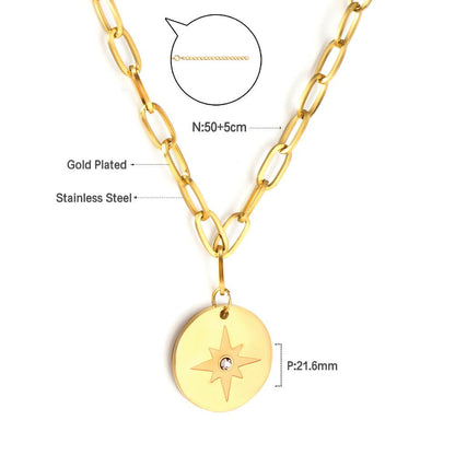 ASON Trendy Round Charm Luck Star Pendant Necklace Chains Gold Color Stainless Steel For Women Jewelry Chokers Simple Style