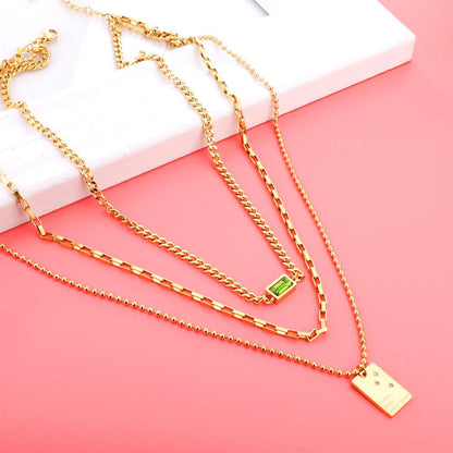 Green Square Shiny Zirconia Necklace Triple Multi-layer Square Pendant Necklace For Woman Mix Chains Thick Collier