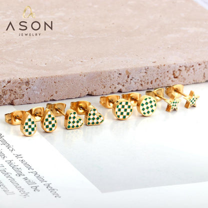 ASON Round Water Drop Star Heart Shapes Mixed Color Piercing Stud Earrings For Women Gold Color Stainless Steel Jewelry