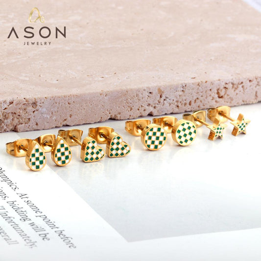 ASON Round Water Drop Star Heart Shapes Mixed Color Piercing Stud Earrings For Women Gold Color Stainless Steel Jewelry
