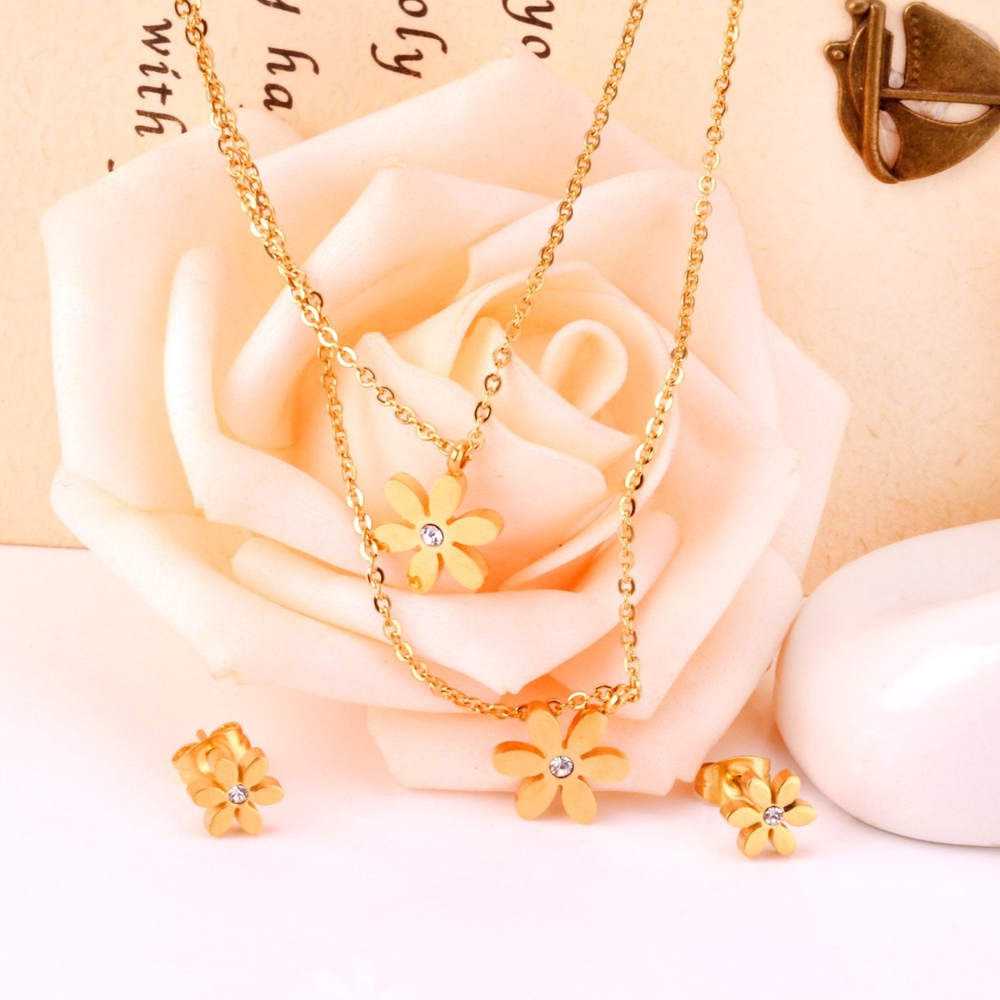 New Gold Flower Shape Stainless Steel Double Necklaces Earrings Sets For Female Trendy Jewellry Sets bijoux femme