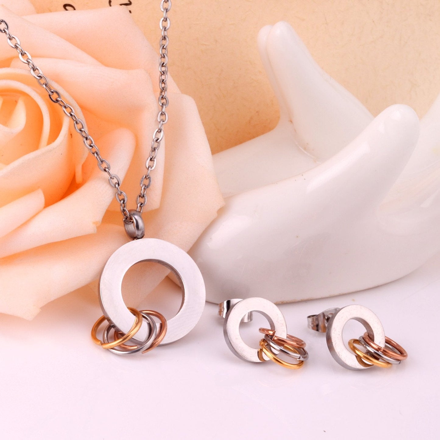 ASON Stainless Steel Jewelry Sets Gold Color Hollow Out Round Pendant Necklace Earring for Women Party Collier Fashion