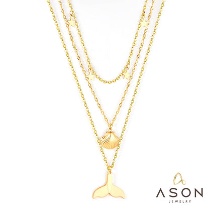 ASON 316L Stainless Steel Shell Fish Tail Pendant Multi Layer Necklace Star Choker for Women Party Gift Fashion Jewelry