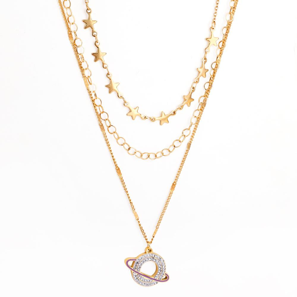 Planet Design With Shiny AAA Zirconia Triple Three Layer Pendant Necklace With Stars Collier Mix Trendy Jewelry 90S