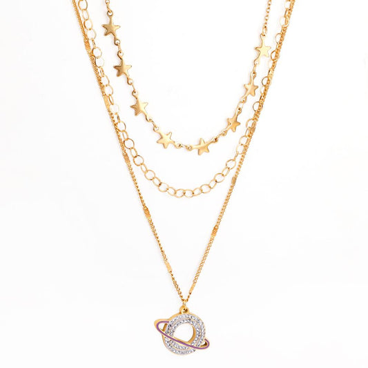 Planet Design With Shiny AAA Zirconia Triple Three Layer Pendant Necklace With Stars Collier Mix Trendy Jewelry 90S