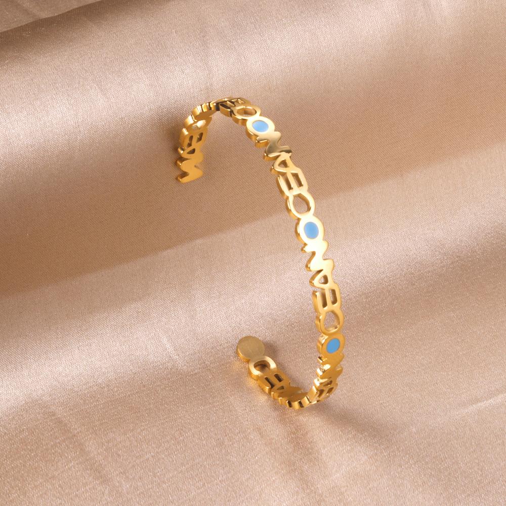 Mental Cuff Bracelets For Female Letter Stainless Steel Bangles With Blue Printed Christmas Vibe Trendy Jewelry Man