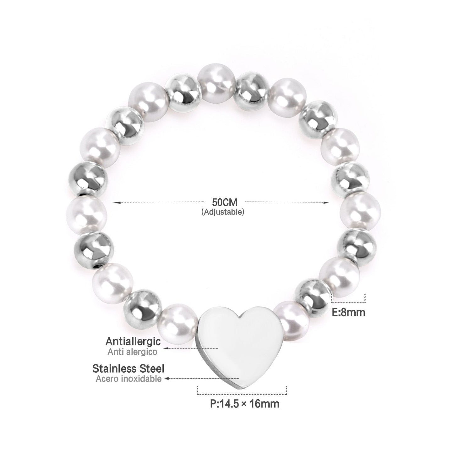ASON Heart Shape Pendant 8mm Ball Beaded With Imitation Pearl Chain Bracelets Gold Color Stainless Steel For Women Jewelry