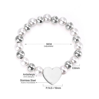 ASON Heart Shape Pendant 8mm Ball Beaded With Imitation Pearl Chain Bracelets Gold Color Stainless Steel For Women Jewelry