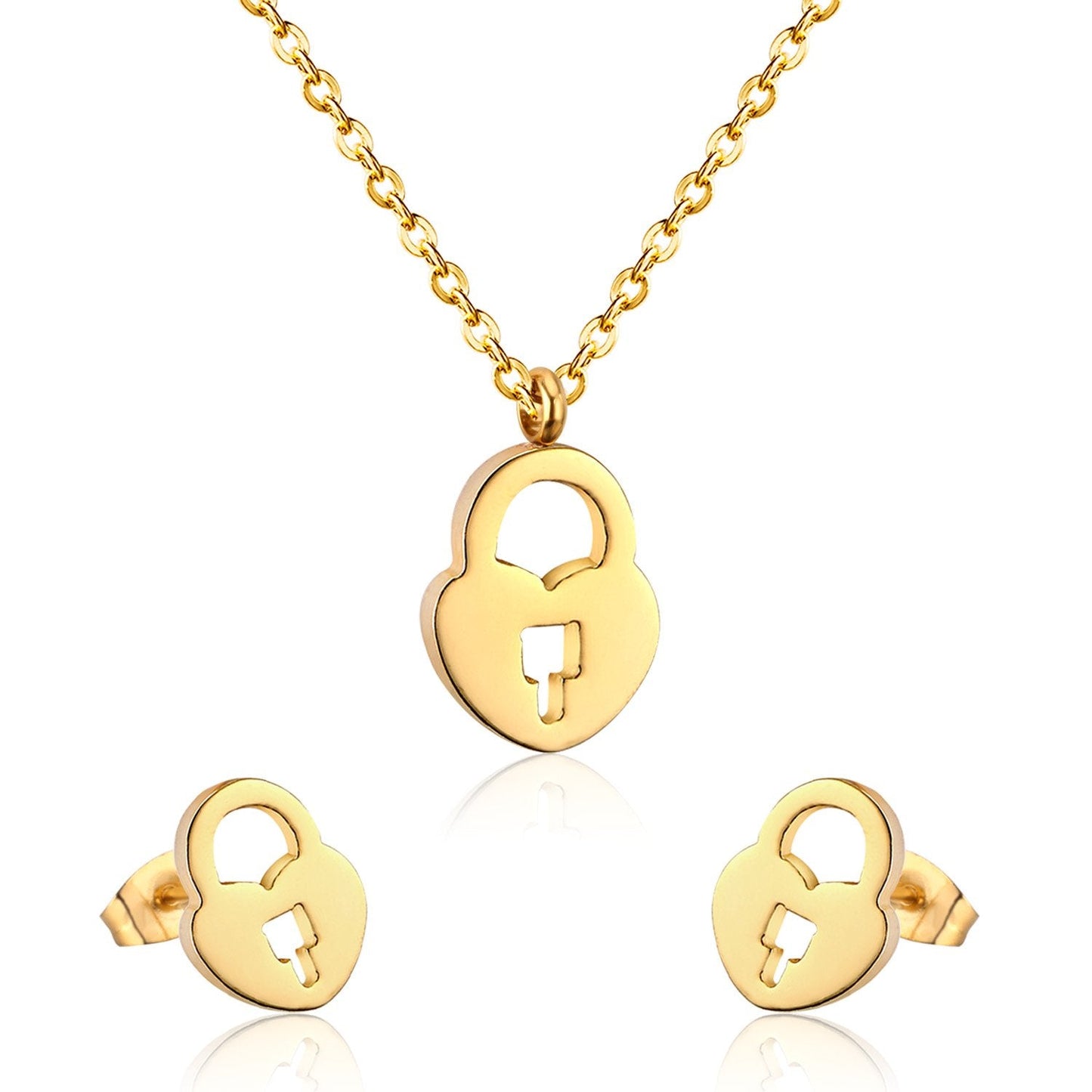 Heart Shape Lock Stainless Steel Silver Color Necklaces Earrings Sets For Ladies Party Jewelry Set pendientes mujer