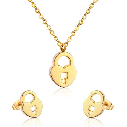 Heart Shape Lock Stainless Steel Silver Color Necklaces Earrings Sets For Ladies Party Jewelry Set pendientes mujer