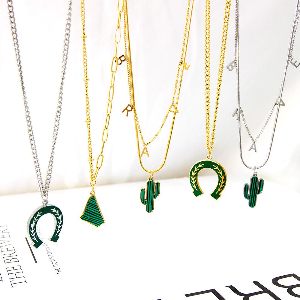 Green Pendant Collier For Woman Cactus Triple Necklace Trendy Products Gifts For Friend Couple Link Chain Necklace