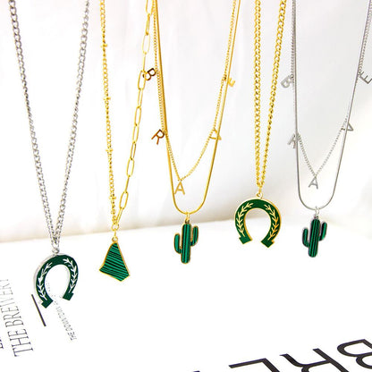 Green Pendant Collier For Woman Cactus Triple Necklace Trendy Products Gifts For Friend Couple Link Chain Necklace