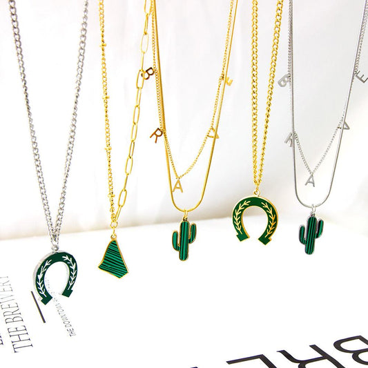 Green Pendant Collier For Woman Cactus Triple Necklace Trendy Products Gifts For Friend Couple Link Chain Necklace