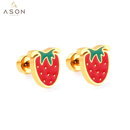 ASON Cute Strawberry Cloud Rainbow Stud Earrings Children's Earrings Stainless Steel Fashion Jewelry for Girl Women