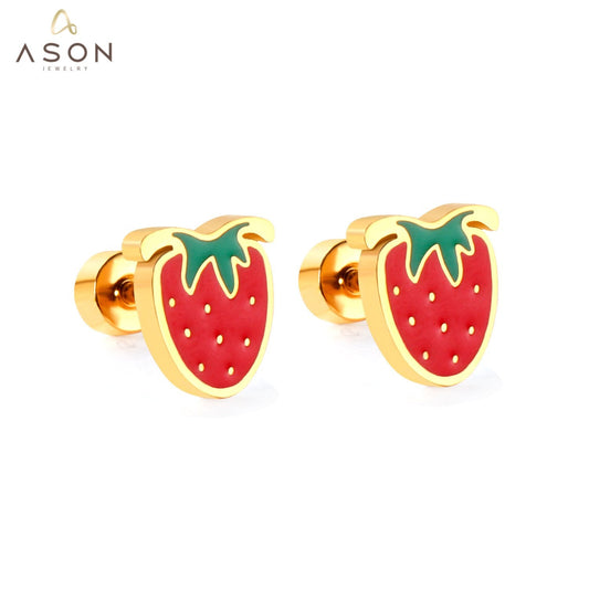 ASON Cute Strawberry Cloud Rainbow Stud Earrings Children's Earrings Stainless Steel Fashion Jewelry for Girl Women
