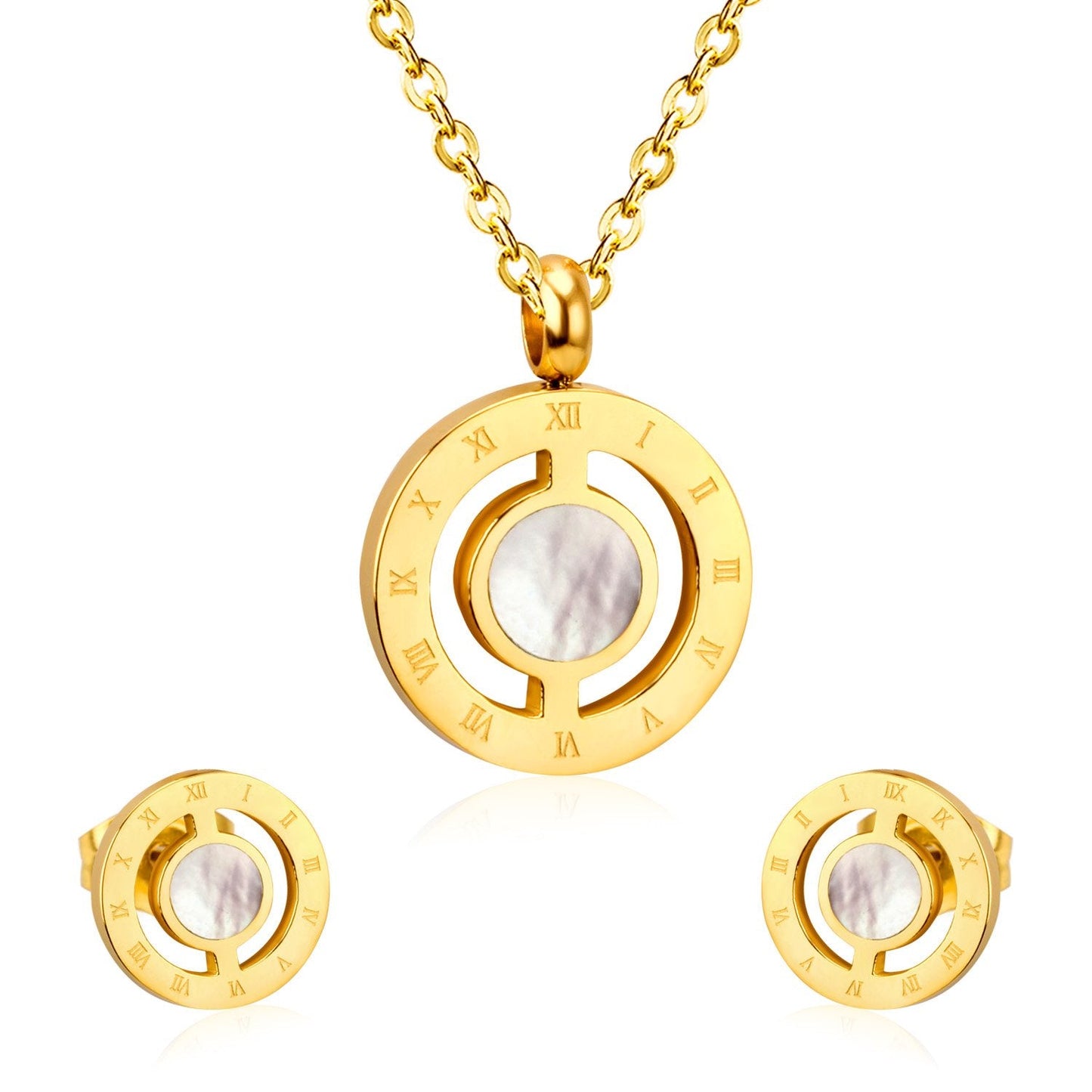 ASON Round Love Shell Top 316L Stainless Steel Gold Wedding Jewelry Sets for Women Necklace Pendant Small Stud Earring