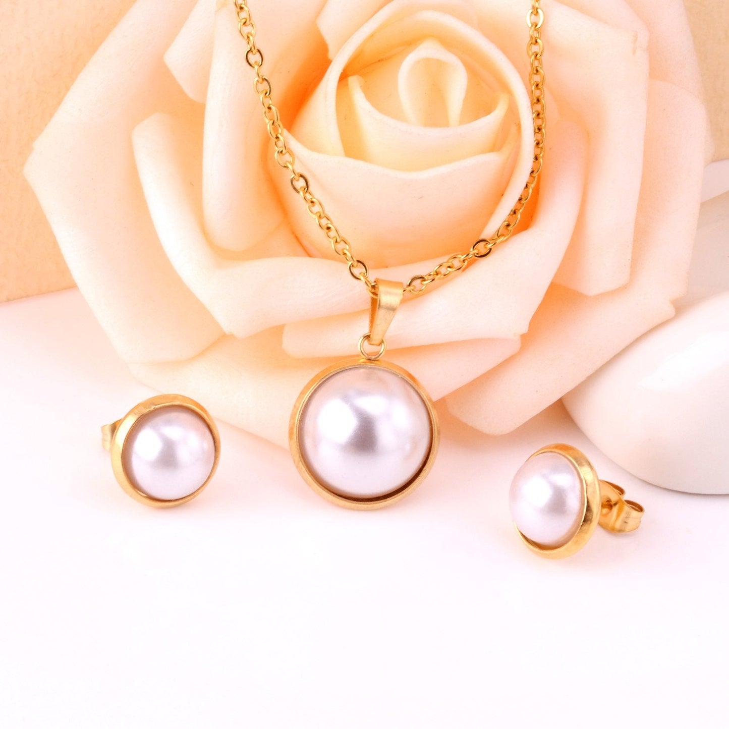 Half Imitation Pearl Stainless Steel Necklace Earrings Set Gold/Silver Color For Woman Wedding Jewellry Accessories