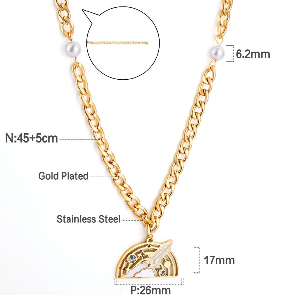 Moon With Cute Astronaut Design Elegant Chain With Imiatation Pearl Double Layer Jewelry On Neck Statement Collier
