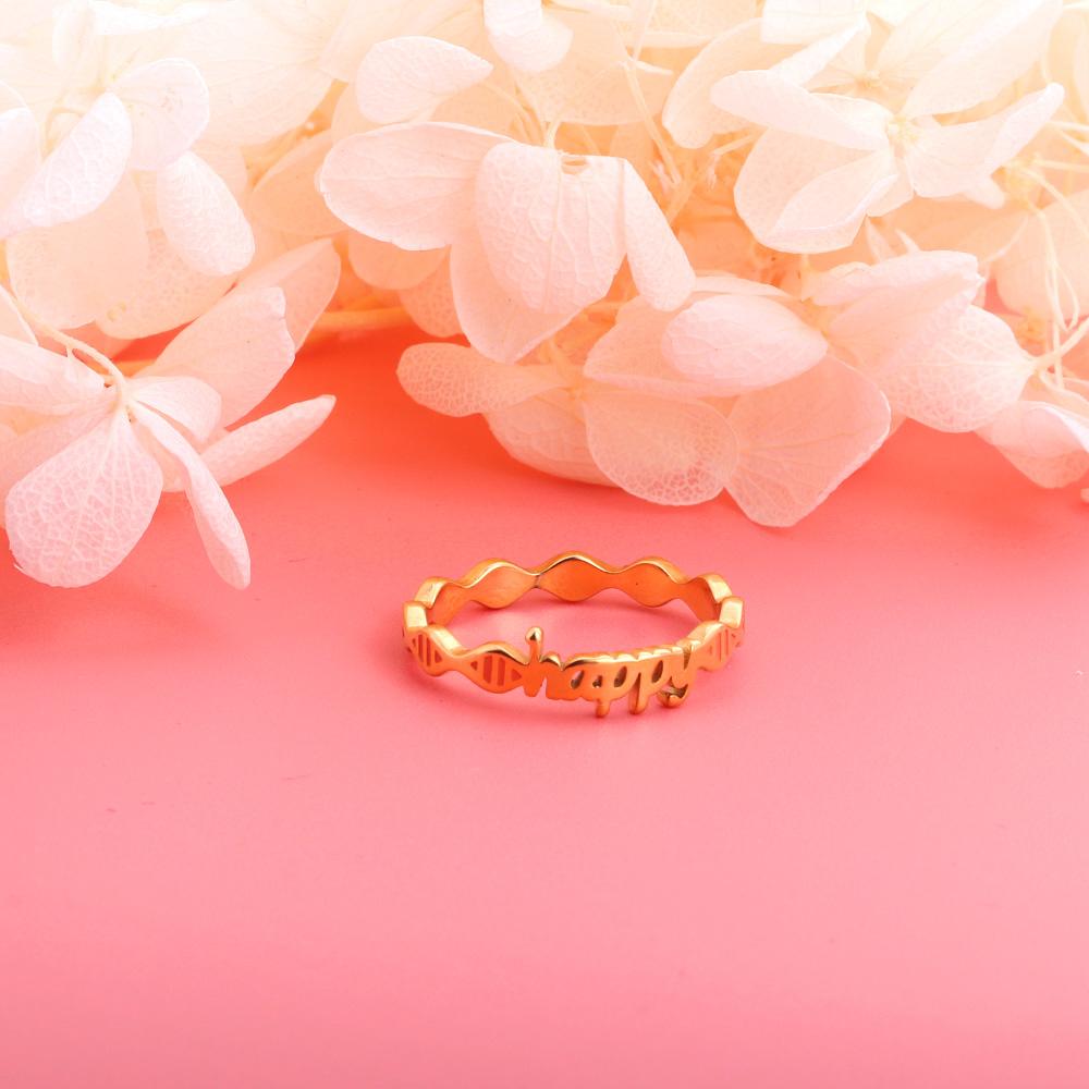 ASON Gold Color Trendy Stainless Steel HAPPY Letter Shape Ring For Women Party Gift Fashion Jewelry Accessory Daily Wear